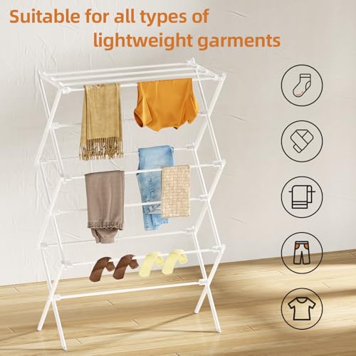 Drying Rack Clothing, 3-Tier Clothes Drying Rack Foldable, Antirust Laundry Drying Rack Collapsible Use for Indoor & Outdoor, 11.8" D x 34.6" W x 35.4" H, White - color: White