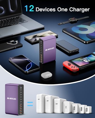 MEKIOJEO 12 Ports Aluminum Alloy 380W Charging Station Fast USB C Charger Block 65W Laptop GaN Charger for MacBook Pro/Air/iPad Pro/iPhone (Purple) - color: Purple