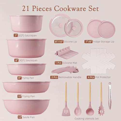 Astercook 21 Pcs Pots and Pans Set Non Stick, Ceramic Cookware Set Detachable Handle, RV Kitchen Cooking Set Removable Handles, Oven Safe, Induction Ready, Stackable, Pink, Fathers Day Gift for Men - color: Pink, size: 21 Piece