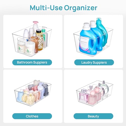 Vtopmart 8 Pack Clear Plastic Storage Bins Set, 4 Large Pantry Organizer Bins with Handle and 4 Medium Snack Organizer Bins with 4-Compartment for Pantry, Kitchen, Fridge, Cabinet Organization - size: 4 Large + 4 Medium