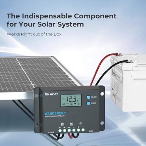 Renogy Wanderer 10A Solar Charge Controller - 12V/24V PWM Auto-Detect, LCD Display, USB & Lithium Support for RV Marine Off-Grid - size: 10A Standard