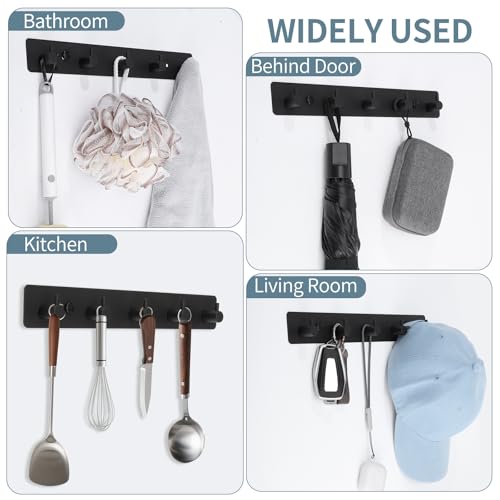 Dntorx Coat Rack Wall Mount, Black Coat Hooks with 5 Hooks Heavy Duty Metal Towel Hook Rail Adhesive & Screw in Door Hooks Hanger Organizer Wall for Towels, Clothes, Hat - style: "T" shape