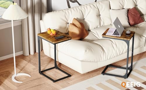QEEIG C Shaped Side Table Set of 2 Living Room Sets Couch Tray Tables Small Farmhouse 11.8 inch Width, Rustic Brown (017A-30BN) - color: A. Brown, size: 11.8" Width