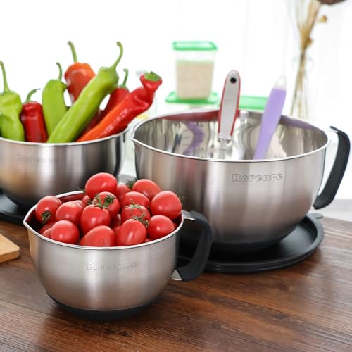 Rorence Stainless Steel Mixing Bowls Set: Metal Mixing Bowl with Lids and Handles Non-slip Silicone Bottom Nesting Bowls for Kitchen Set of 3 - color: Black Set