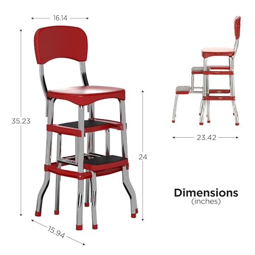 COSCO Stylaire Retro Chair + 2-Step Step Stool with Pull-Out Steps, 7 Ft. 11in Max Reach, 200 lb Weight Capacity, Steel and Vinyl (Red, one pack) - color: Red