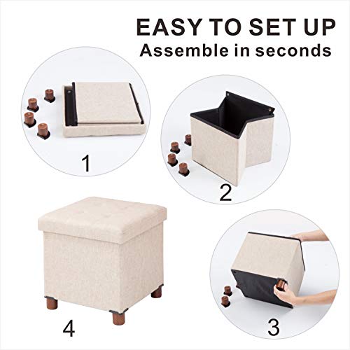 15 Inch Storage Ottoman with Wooden Legs - Cube Foot Rest Stool, Square Footstool, Comfortable Seat with Lid, Foldable Fabric Ottoman, Space-Saving Beige - color: Squ Beige