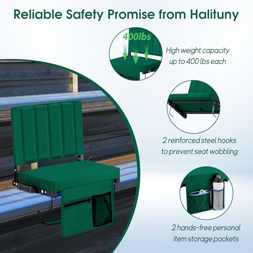 Stadium Seat for Bleachers with Back Support, Portable Bleacher Seat with Wide Comfy Padded Cushion, Metal Hook, Folding Stadium Chair with Shoulder Strap, Carry Handle, Cup Holder, Green - color: Green