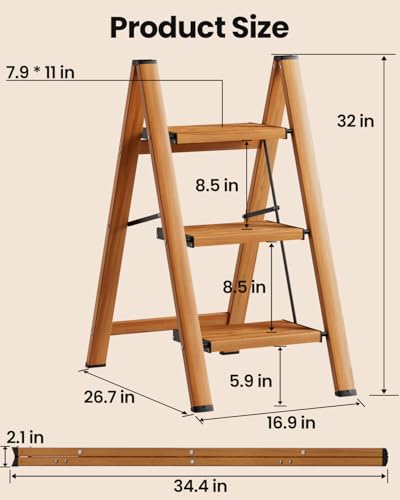 SOLADDER 3 Step Ladder, Folding Aluminum 3 Step Stool with Anti-Slip Wide Sturdy Pedal, Multi-Use for Home and Kitchen, Space Saving-Woodgrain(300 lbs Capacity) - color: Woodgrain, size: 3 Step