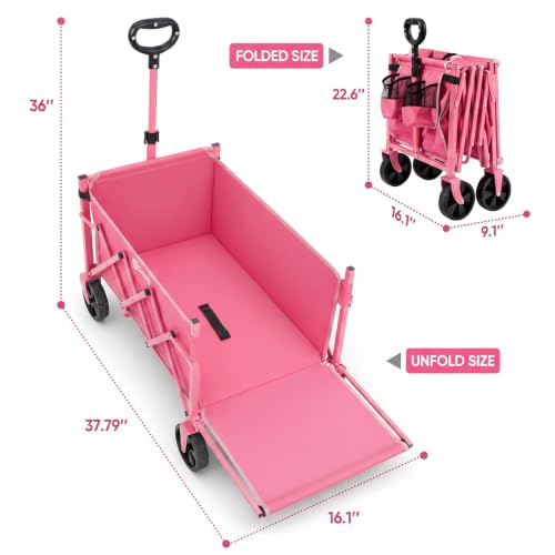 Sekey Collapsible Wagon Cart with Drop-Down Tailgate, 300 lb Capacity - color: Pink, size: 300 lbs