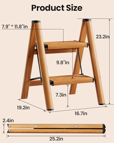 SOLADDER 2 Step Ladder, Folding Step Stool with Anti-Slip Wide Sturdy Pedal, Multi-Use for Home and Kitchen Use, Space Saving-Woodgrain(300lbs Capacity) - color: Woodgrain, size: 2 Step