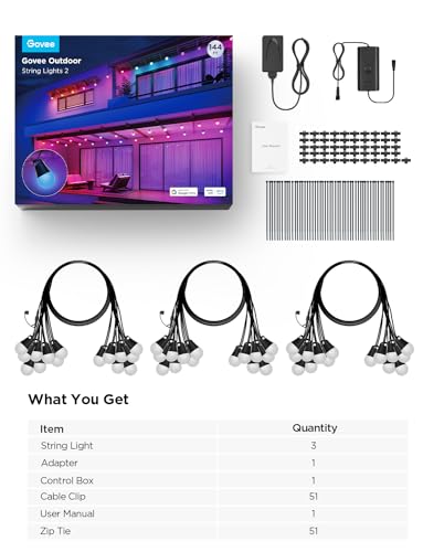 Govee Smart Outdoor String Lights 2, 144ft Outdoor Lights with Dimmable Warm White LED Bulbs, 47 Scene Modes for Patio, Backyard, Balcony, IP65 Waterproof, Works with Alexa, App Control - size: 144ft
