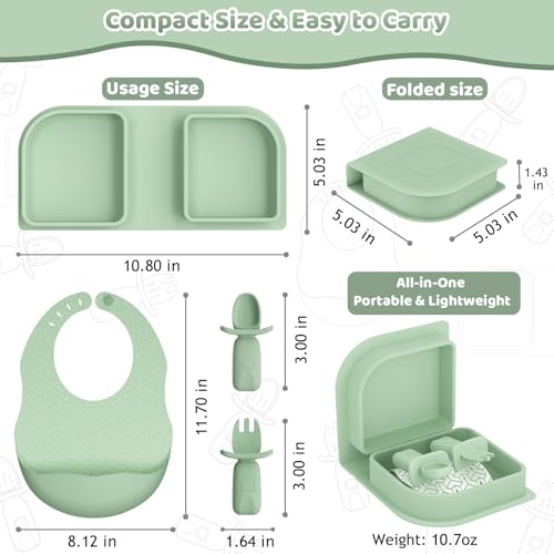 Green Foldable Silicone Baby Feeding Set, Portable Travel Baby Feeding Essentials Including Toddler Plates, Silicone Baby Spoon&Fork, Adjustable Foldable Bib, Portable Infant Toddler Utensils - color: Green