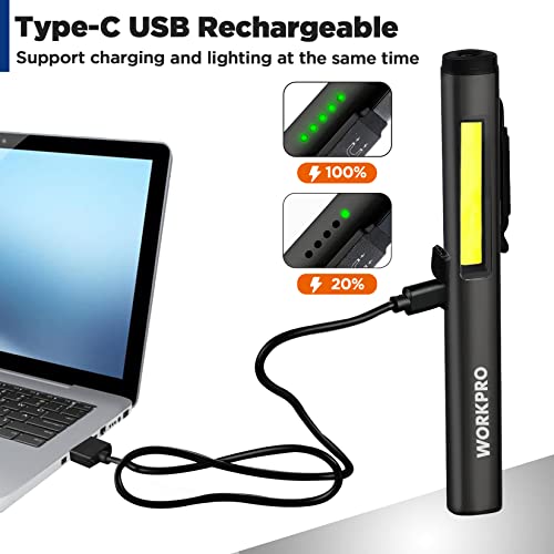 WORKPRO Flashlight Pen Light, Rechargeable Penlight with 365 nm UV Black Light, 450 Lumen LED Mini Pocket Flashlight, for Inspection, Work, Repair, Pet Secretion Detection - color: Black