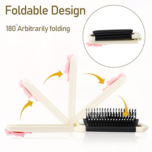 Folding Travel Hair Brush with Removable Mirror, Collapsible Compact Design, Massage Comb for Gym, Trips, Purse, Swimming (Cream Colour) - color: cream