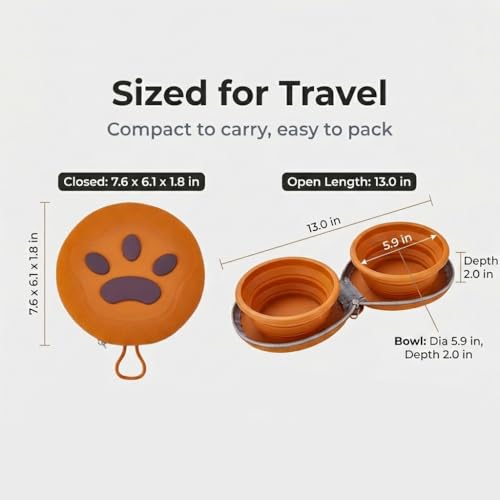 Collapsible Dual Pet Travel Bowls with Zipper Case, Portable Silicone Food and Water Set for Dogs and Cats, Hanging Loop for Walks, Hiking, Camping, Road Trips