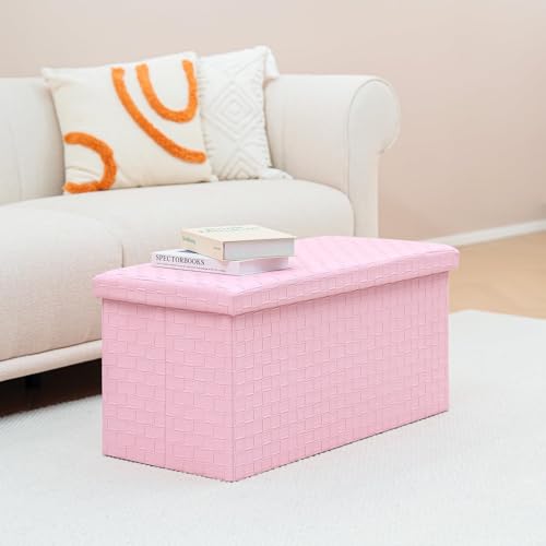 B FSOBEIIALEO Folding Storage Ottoman, Faux Leather Footrest Seat Long Shoes Bench Box Chest, Pink 30"x15"x15" - color: Pink, size: Large