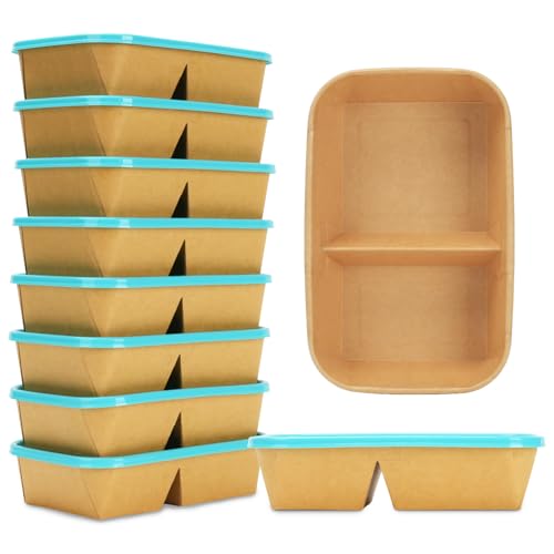 8 Pack 32oz Paper Lunch Box Bento Boxes, 2-Compartment Kraft Brown Paper Take Out Food Containers with Lids, Leakproof & Microwave Safe, Disposable To Go Boxes for Picnics, Offices, Catering, Blue - color: Blue Lid & Kraft Brown Box