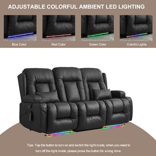 TUNYI Power Loveseat Recliner Sofa with Massage & Heat Home Theater Seating with Console RV Recliner Loveseat Sofa with USB/Storage/Side Pocket/LED Light/Speaker (Black, 3 Seat) - color: Black, size: 3 Seat