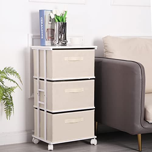 MAX Houser Dresser Tower with 3 Drawers for Bedroom, Fabric Storage Organizer Unit, Chest of Drawers with with WoodTop, Small Vertical Storage for Guest Room, Closet, Entryway(Beige) | Fabric Storage Organizer Unit, Chest of Drawers with with WoodTop, Sma