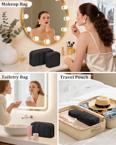 oscaurt 2 Pcs Makeup Bag Travel Toiletry Bag for Women Puffy Padded Cosmetic Pouch Purse Wide-open Makeup Organizer Case Travel Essentials - color: Black-Set