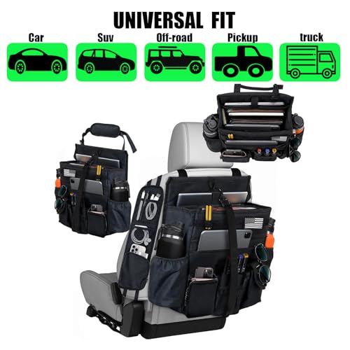 2 Pack Front & Seat back organizer with dedicated tablet and 17 IN laptop storage stabilizers external stabilizing side straps soft adjustable shoulder straps hardened buckle (Large Black) - color: Large Black