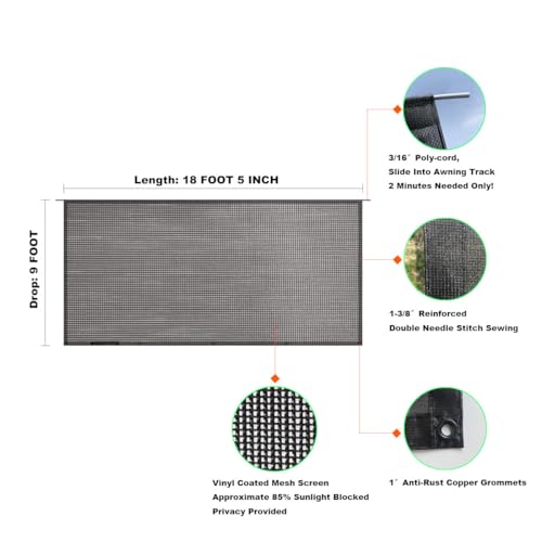 Shadeidea RV Awning Sun Shade Screen for Awning - 9' X 18' 5'' Black Mesh Sunshade Motorhome Camping Trailer UV Sunblocker Canopy Sunscreen - 3 Year Warranty - size: 9' 0'' x 18' 5'' -Actual Measurement