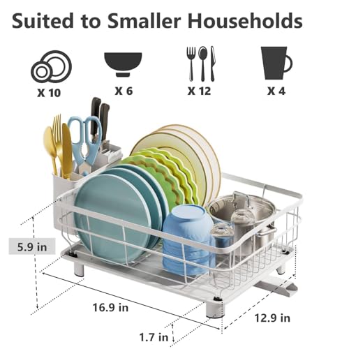 AIDERLY Auto Drain Metal Dish Drying Rack Dish Drainers, All White | with Draining Tray, Strainer, for Kitchen Counter, Sink - color: White