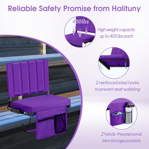 Stadium Seat for Bleachers with Back Support, Portable Bleacher Seat with Wide Comfy Padded Cushion, Metal Hook, Folding Stadium Chair with Shoulder Strap, Carry Handle, Cup Holder, Purple - color: Purple