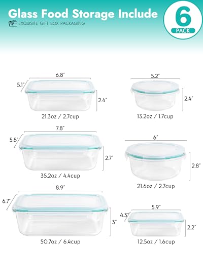 6-Pack Borosilicate Glass Food Storage Containers Set with Airtight Lids - Oven, Microwave & Freezer Safe, Leak-Proof, BPA-Free - Baking, Meal Prep & Gift Ready