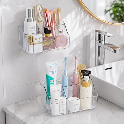 Sotfamily Clear Kids Toothbrush Holders for Bathrooms, 1 Pack(No-Drill) | Space-Saving Wall-Mounted Tooth Brush & Toothpaste Holder for Bathroom Countertop or Wall, Bathroom Organizers and Storage - size: 1 Pack