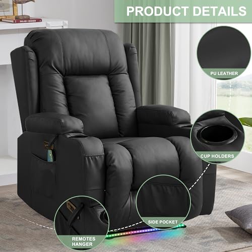 TUNYI Power Recliner Sofa with Massage & Heat Home Theater Seating with Console RV Recliner Sofa with USB/Storage/Side Pocket/LED Light (Black, 1PC) - color: Black, size: 1 Seat