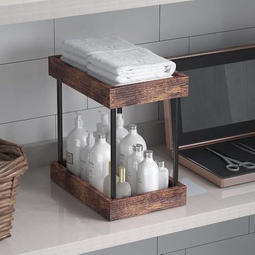 mahueeol 2 Tier Bathroom Organizer Countertop, Wooden Bathroom Trays for Counter Vanity Organizer Cosmetic Storage Vanity Organizer, Coffee Station Organizers, Kitchen Spice Rack - style: Retro