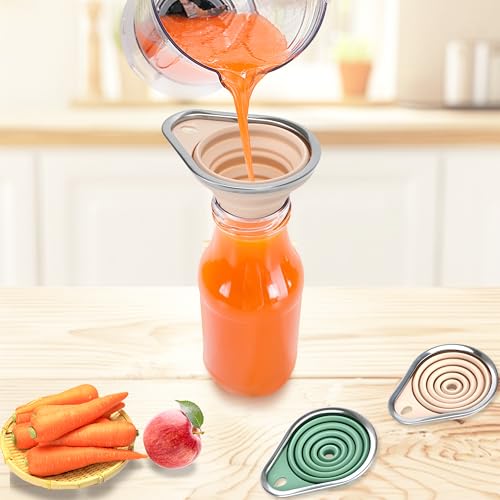 Stainless Steel Rim Small Silicone Collapsible Funnel Set, 2 Pack Mini Kitchen Funnels for Oil Bottles, Sauce, Vinegar, Essential Oils, Food Grade Liquid & Powder Transfer