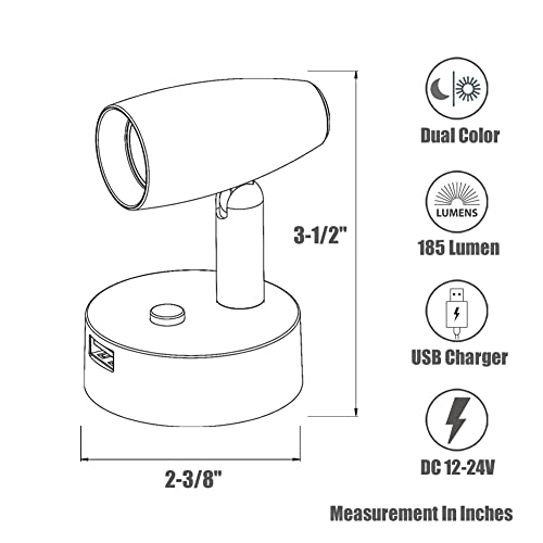 RV Reading Light 12V Swivel LED Spotlight with Quick USB Charger & Blue Nightlight, Camper Van Travel Trailer Bedroom Reading Light, 3-1/2" Length,12-24VDC Hard-Wired (Gloss Black) - color: Gloss Black with Nightlight
