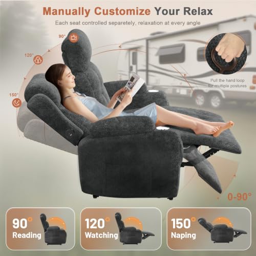 RV Loveseat Recliner Sofa, Reclining Loveseats Couch for RV Furniture, Home Theater Seating with Massage, USB, Insert Pockets, Cup Holders, 150° Wall Hugger RV Recliners Sleeper Sofa - color: Velvety Gray, size: Loveseat-G1