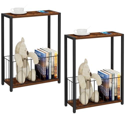 Homleke Narrow Side Tables Set of 2 with Magazine Holder, Skinny End Tables Perfect for Small Spaces, Space-Saving Design for Living Room, Bedroom, or Office, 7.1" D x 16.9" W x 23.6" H, Rustic Brown - color: Rustic Brown - Standard