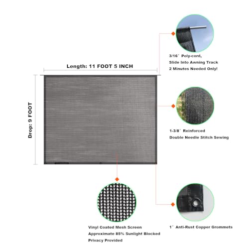 Shadeidea RV Awning Sun Shade Screen - 9' X 11' 5'' (Fit for 12' Awning) Black Mesh Sunshade for Motorhome Camping Trailer Awning Screenshade UV Sunblocker Canopy Sunscreen - 3 Year Warranty - size: 9' 0'' x 11' 5'' -Actual Measurement