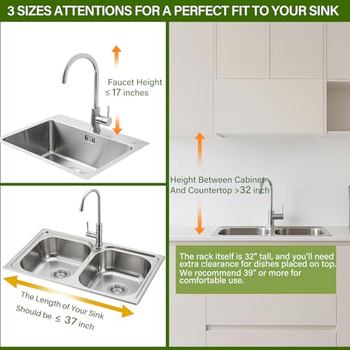 Over The Sink Dish Drainer Drying Rack 3 Tier, Full Stainless Steel Dish Drying Rack Adjustable Length 20.9''-37.4'' , Kitchen Sink Shelf, Organized Space-Saving Dish Rack with Pots and Pans Rack - color: Silver, size: 3 Tier with Pots and Pans Rack