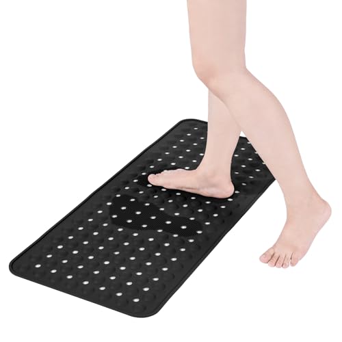 Silicone Bath Tub Mat Non Slip, 36"x16" Shower Foot Scrubber Mat with Drain Holes and Suction Cups, Upgraded Bathtub and Shower Mats, Machine Washable Bathtub Floor Liner Mats for Bathroom (Black) - color: Black