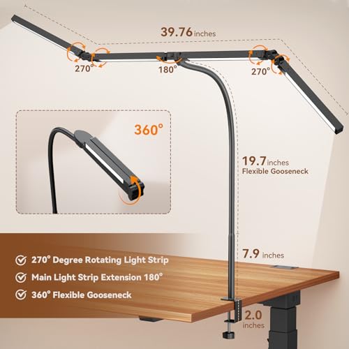 Pzloz Led Desk Lamps for Home Office - Eye Caring Architect Lamp with Clamp, Double Head Computer Monitor Work Desk Light with Remote Control: 24W Flexible Dimmable Desktop Table Lamp - color: Black Plus