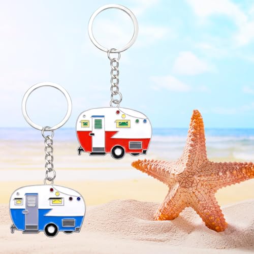Thinp 2 Pieces Camper Keychain, RV Camper Keyring Accessories for Travel Trailers Enameled Metal Retro Camping Car Keychain - color: Blue+red