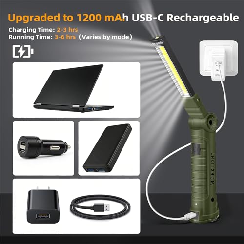 LED Work Light Rechargeable Flashlight, Tool Gifts for Fathers Day Dad Husband Men Boyfriends Him Mechanic Grill Light Inspection Lamp Magnetic Base 5 Modes 360° Rotate Car Emergency Repair Green 4PCS - color: Army Green 4PCS