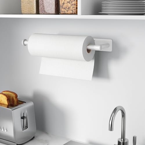 Paper Towel Holder - Self-Adhesive or Drilling, White, Wall Mounted, SUS304 Stainless Steel Kitchen Roll Dispenser Under Cabinet - color: White