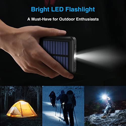 Solar Portable Charger 12000mAh, Small Solar Power Bank, USB C Input/Output External Battery with Built-in 4 Cables, Two-Hand Flashlight, Suitable for iPhone, Tablet Computers and Samsung - color: black