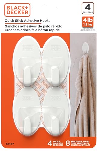 Black+Decker Solid Wall Hooks, Quick Stick Adhesive, Removeable, 4 Wall Hooks, 8 Adhesive Strips, Hang Decorations Without Damaging Walls, up to 4lbs., White - size: 4 Oval Hooks