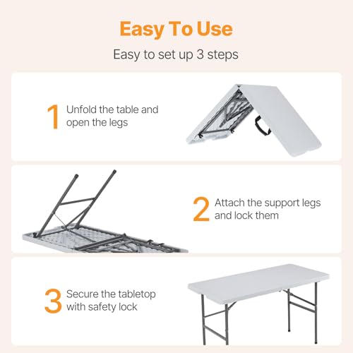 4 Feet Folding Picnic Table, Plastic Table with Carrying Handle, Heavy Duty Portable Table for Camping Party, White