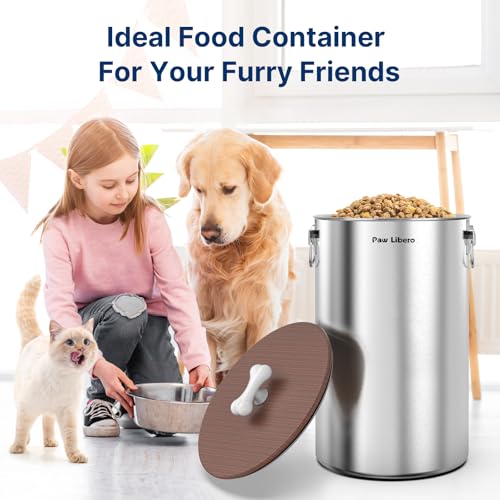 Paw Libero 2PK 35 Lbs total 70Lbs Stainless Steel Dog Food Storage Container with Airtight Wooden Lid & Ceramic Bone Handle, Large Metal Dog Food Bin for Dogs & Cats, Keep Fresh, Easy to Clean - size: 35 lbs - 2pk