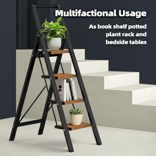 HillhutApex Step Ladder, Aluminum Lightweight Folding 4 Step Stool with Anti-Slip Wide Pedal, 330lbs Capacity Steel Ladder for Household and Office - color: Black&woodgrain, size: 4 Step With Handrail