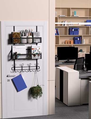 Over The Door Hooks Organizer Storage - Over The Door Hanger for Coat Rack, Storage with 12 Hook & 2 Mesh Baskets, for Bathroom,Bedroom,Kitchen,Office (2Tier Basket with 12 Hooks)