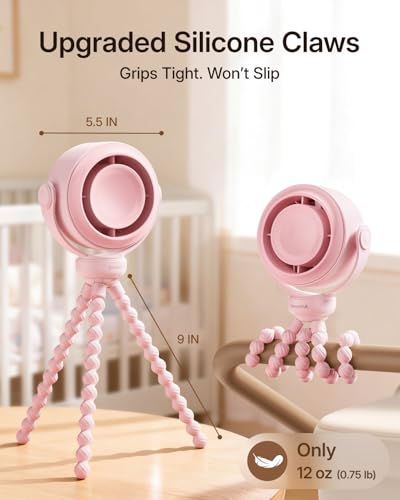 SWEETFULL Portable Stroller Fan, Pinch-Proof Baby Fan, 5-Speed Quiet Mini Clip on Fan, USB-C Rechargeable Battery, LED Display for Car Seat, Crib & Travel - Pink - color: Pink